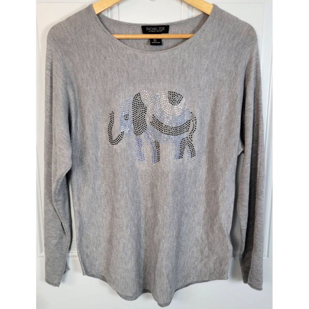 Rachel Zoe Rhinestone-Embellished Elephant Motif Sweater Size L Cashmere Blend